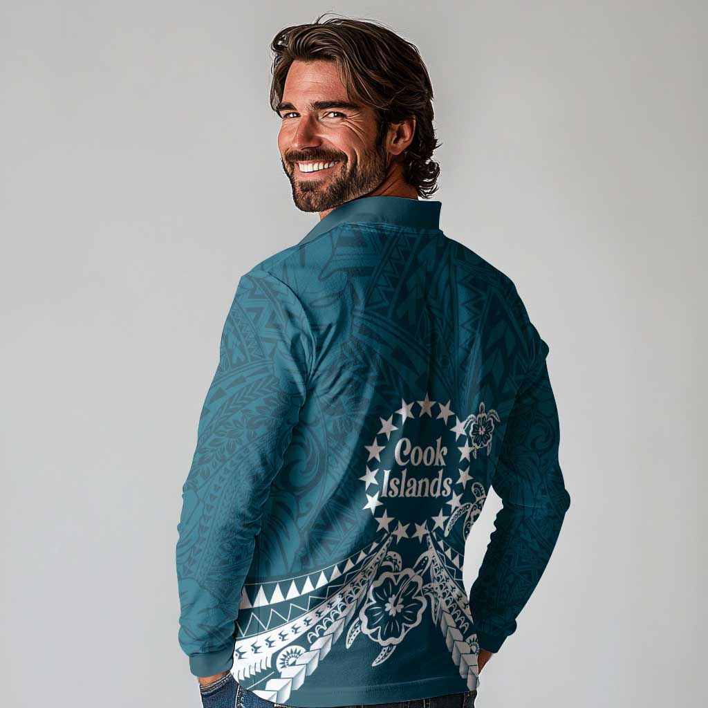 Kia Orana Cook Islands Long Sleeve Polo Shirt Polynesian Turtle Crowberry Blue Color