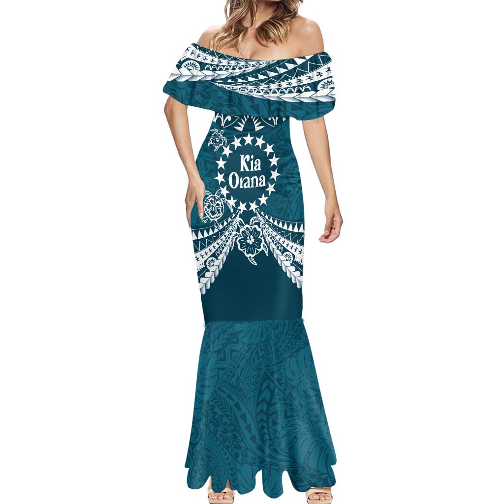 Kia Orana Cook Islands Mermaid Dress Polynesian Turtle Crowberry Blue Color