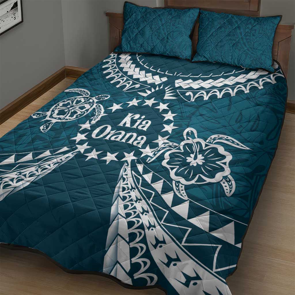 Kia Orana Cook Islands Quilt Bed Set Polynesian Turtle Crowberry Blue Color