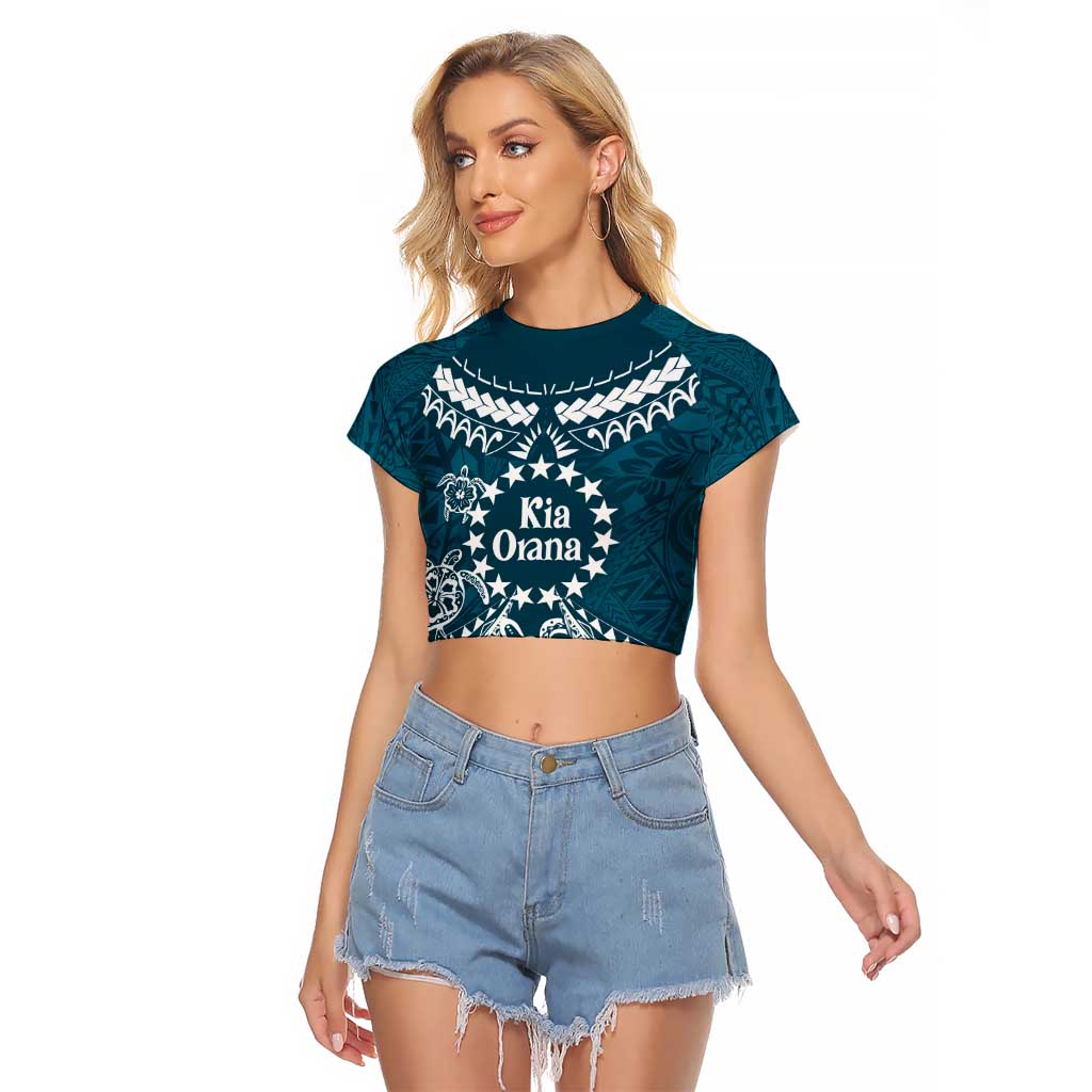 Kia Orana Cook Islands Raglan Cropped T Shirt Polynesian Turtle Crowberry Blue Color