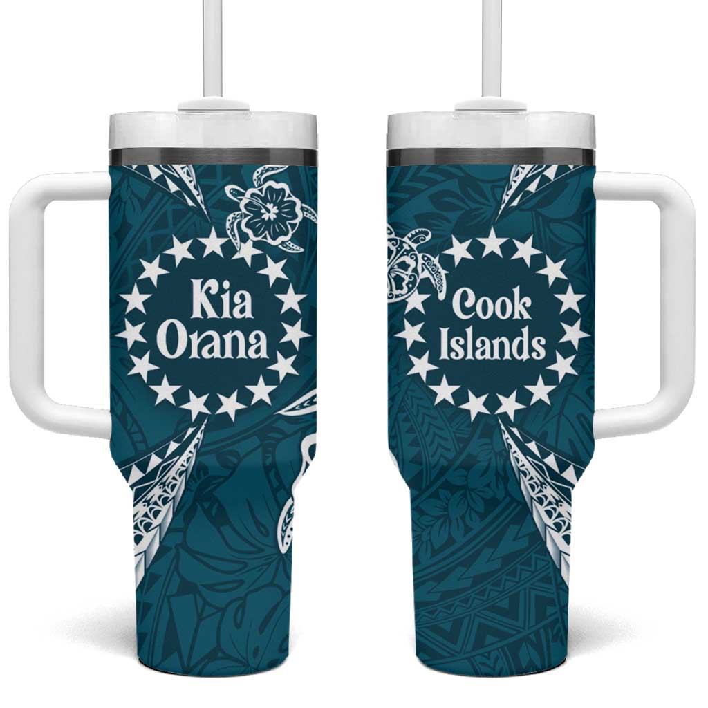 Kia Orana Cook Islands Tumbler With Handle Polynesian Turtle Crowberry Blue Color