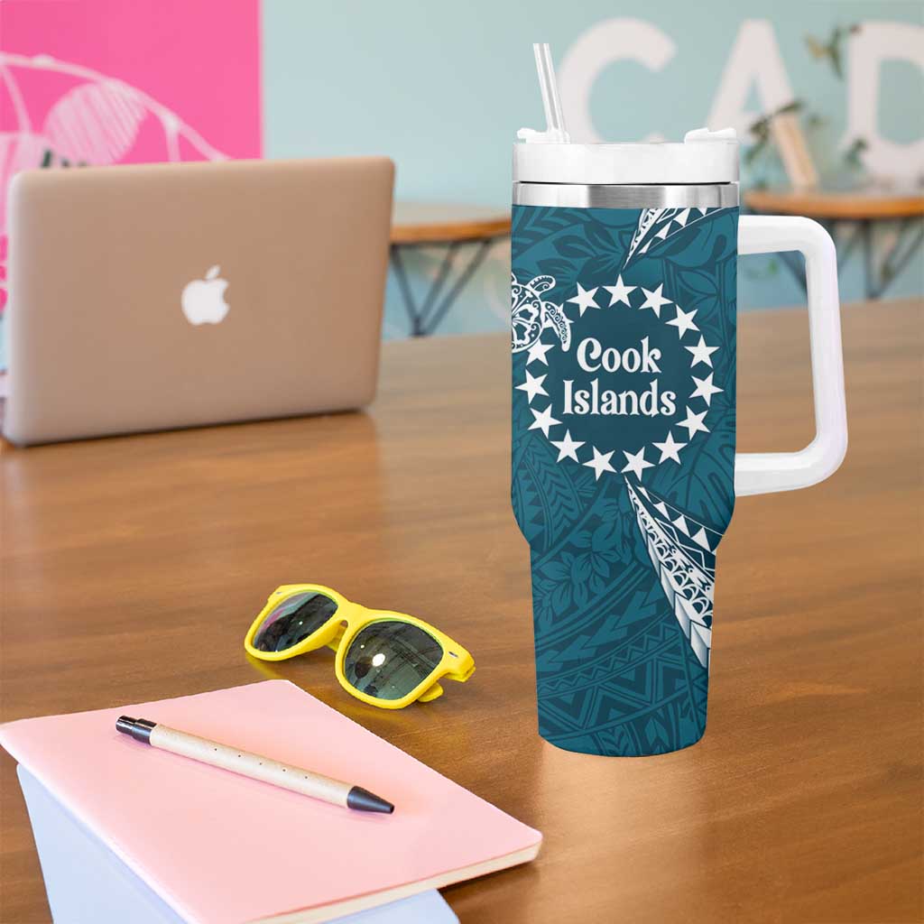 Kia Orana Cook Islands Tumbler With Handle Polynesian Turtle Crowberry Blue Color