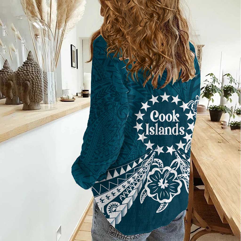 Kia Orana Cook Islands Women Casual Shirt Polynesian Turtle Crowberry Blue Color