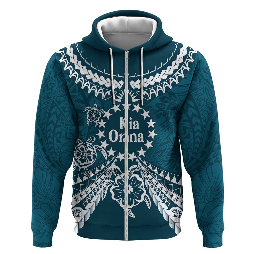 Kia Orana Cook Islands Zip Hoodie Polynesian Turtle Crowberry Blue Color