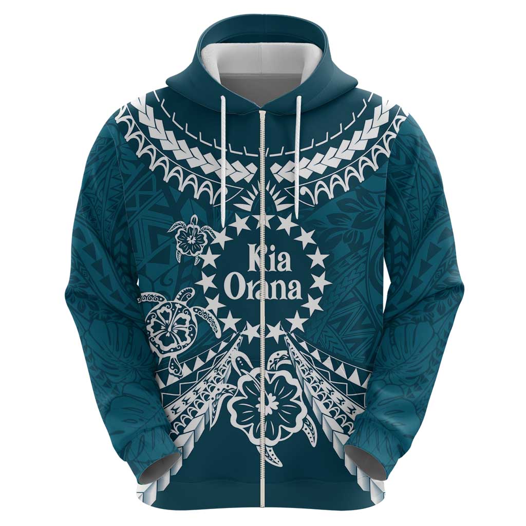 Kia Orana Cook Islands Zip Hoodie Polynesian Turtle Crowberry Blue Color