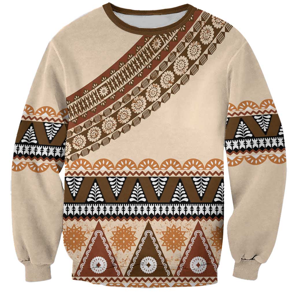Bula Fiji Sweatshirt 2025 Pasifika Traditional Fijian Masi LT14 Unisex Beige - Polynesian Pride