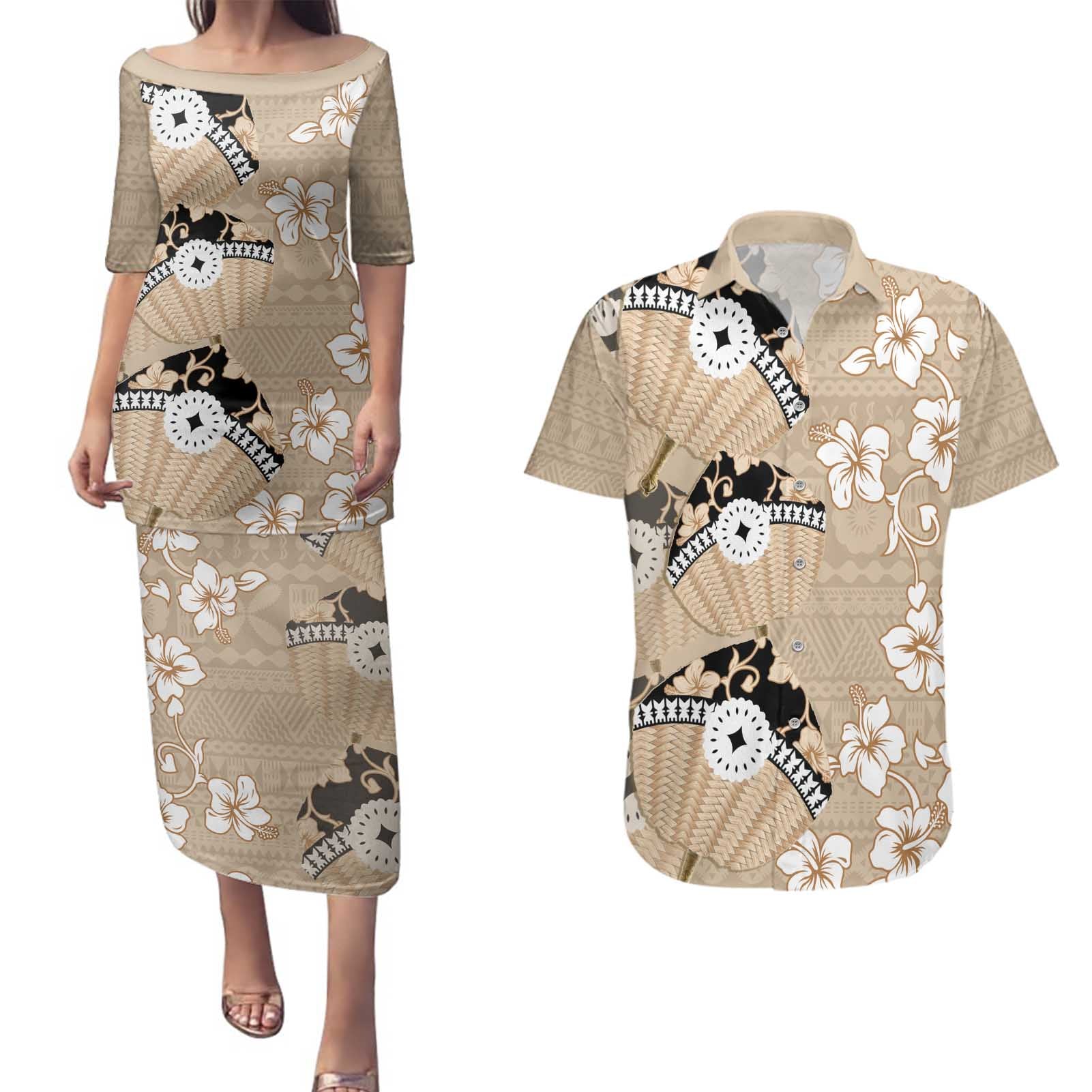 Bula Fiji Iri Buli Couples Matching Puletasi and Hawaiian Shirt Woven Fan With Fijian Tapa