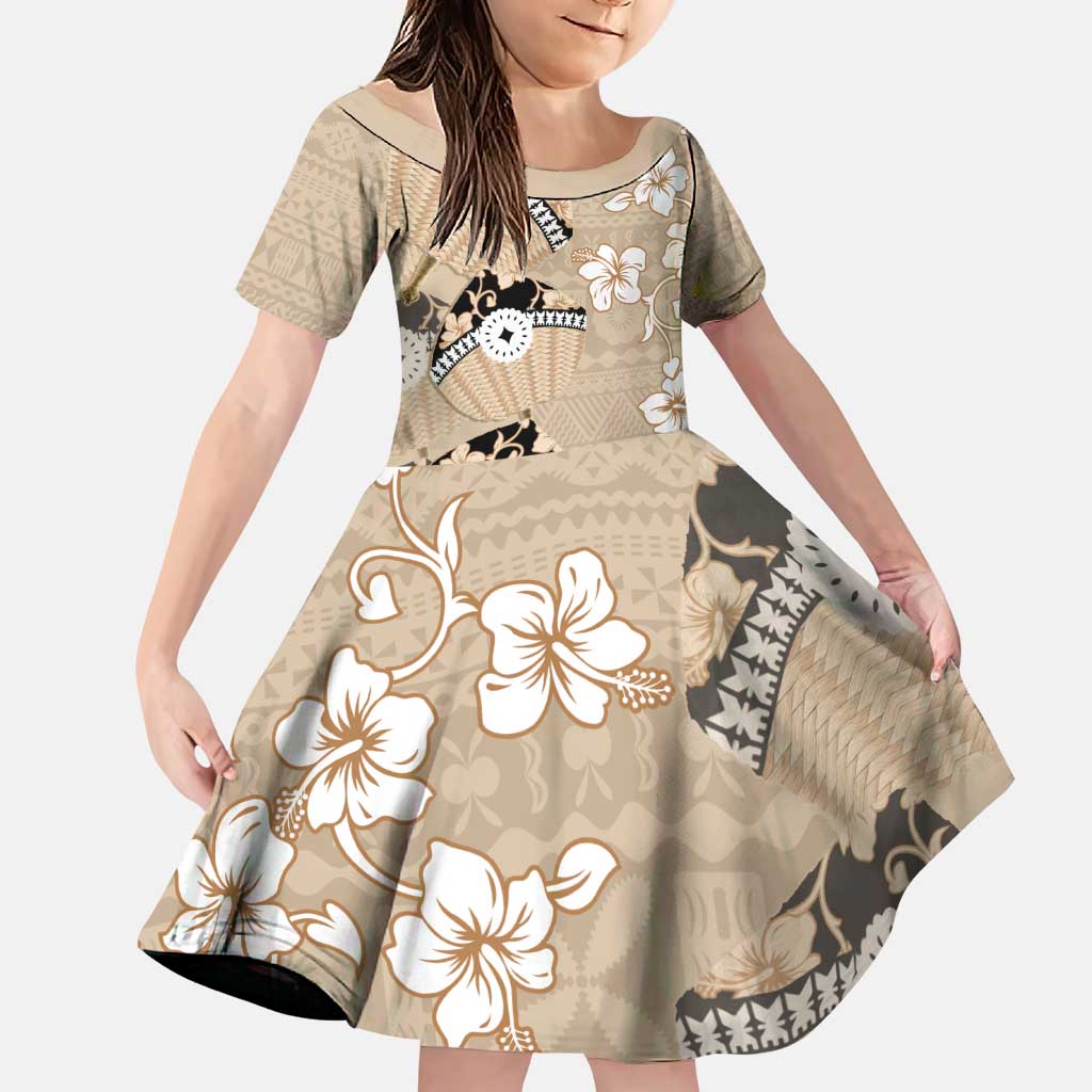 Bula Fiji Iri Buli Family Matching Puletasi and Hawaiian Shirt Woven Fan With Fijian Tapa LT14 Daughter's Dress Beige - Polynesian Pride