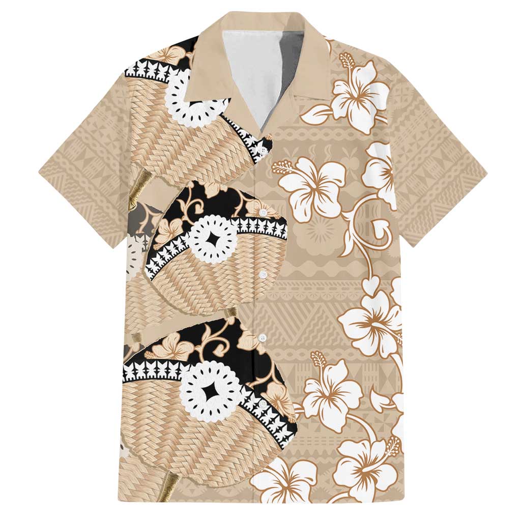 Bula Fiji Iri Buli Family Matching Puletasi and Hawaiian Shirt Woven Fan With Fijian Tapa LT14 Dad's Shirt - Short Sleeve Beige - Polynesian Pride