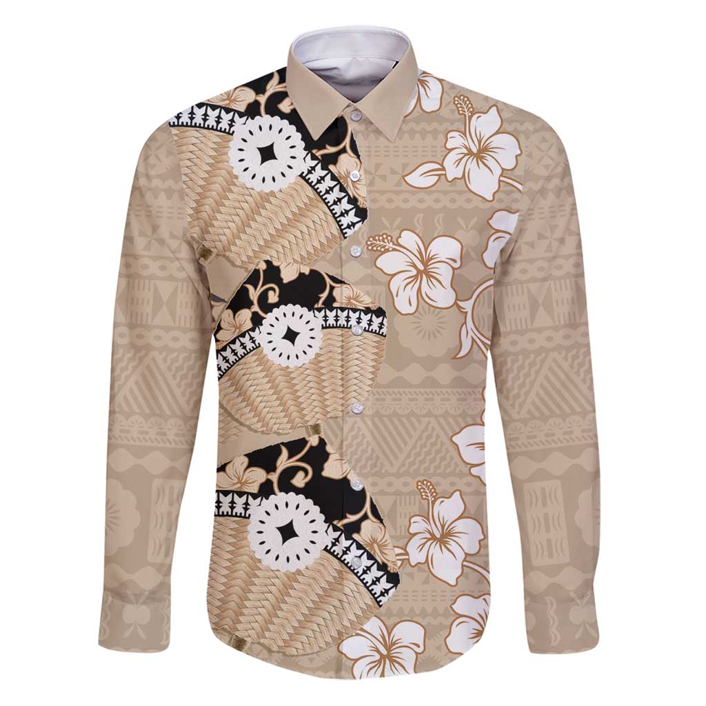 Bula Fiji Iri Buli Family Matching Puletasi and Hawaiian Shirt Woven Fan With Fijian Tapa LT14 Dad's Shirt - Long Sleeve Beige - Polynesian Pride