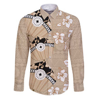 Bula Fiji Iri Buli Family Matching Puletasi and Hawaiian Shirt Woven Fan With Fijian Tapa LT14 Dad's Shirt - Long Sleeve Beige - Polynesian Pride