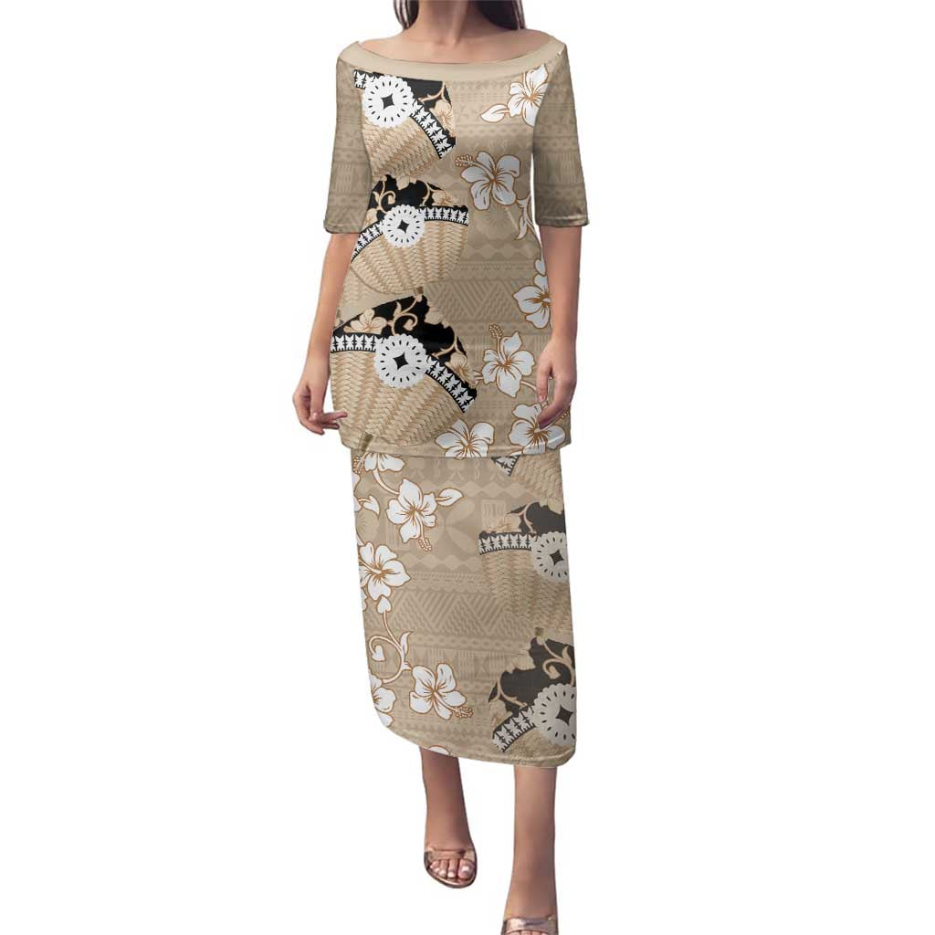 Bula Fiji Iri Buli Family Matching Puletasi and Hawaiian Shirt Woven Fan With Fijian Tapa LT14 Mom's Dress Beige - Polynesian Pride