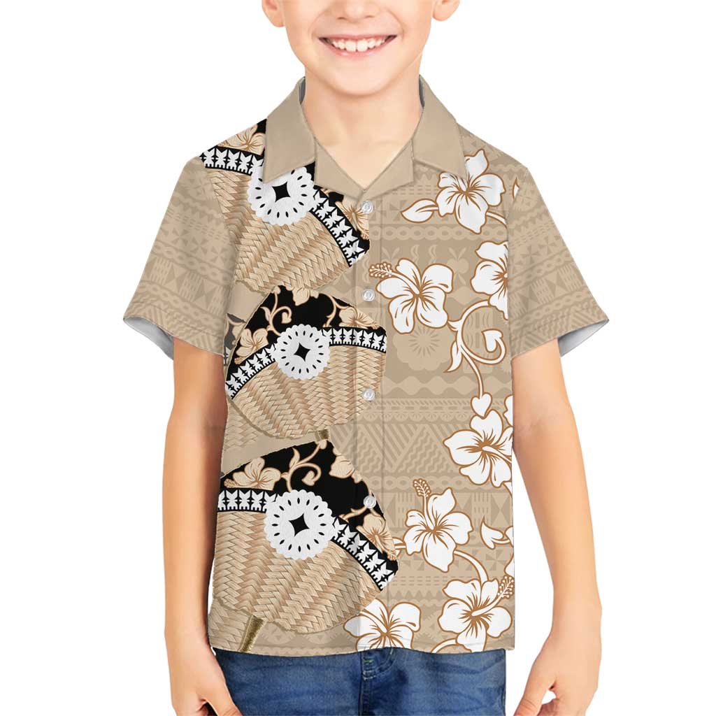 Bula Fiji Iri Buli Family Matching Puletasi and Hawaiian Shirt Woven Fan With Fijian Tapa LT14 Son's Shirt Beige - Polynesian Pride