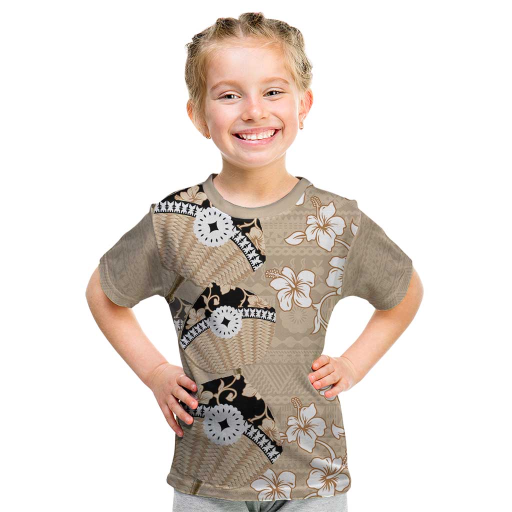 Bula Fiji Iri Buli Kid T Shirt Woven Fan With Fijian Tapa LT14 Beige - Polynesian Pride