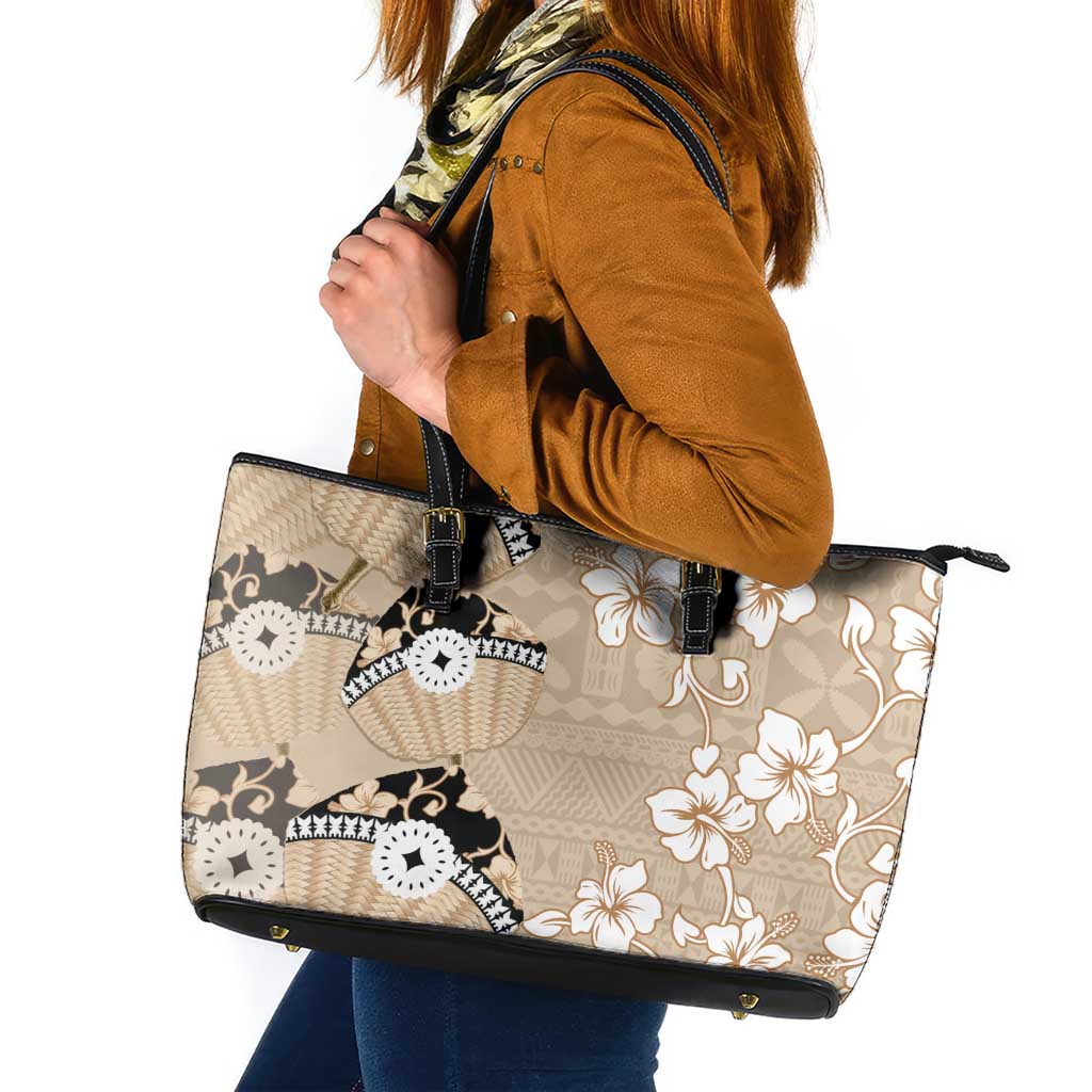 Bula Fiji Iri Buli Leather Tote Bag Woven Fan With Fijian Tapa