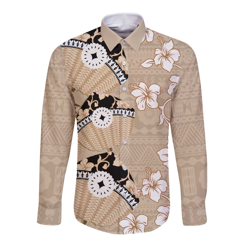 Bula Fiji Iri Buli Long Sleeve Button Shirt Woven Fan With Fijian Tapa LT14 Unisex Beige - Polynesian Pride