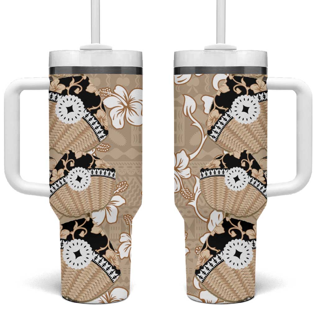 Bula Fiji Iri Buli Tumbler With Handle Woven Fan With Fijian Tapa