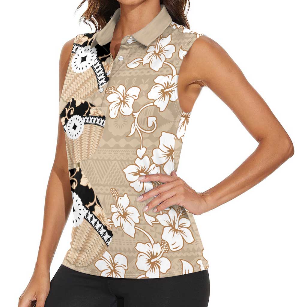 Bula Fiji Iri Buli Women Sleeveless Polo Shirt Woven Fan With Fijian Tapa