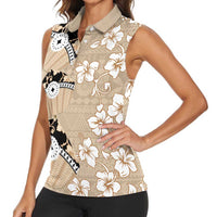 Bula Fiji Iri Buli Women Sleeveless Polo Shirt Woven Fan With Fijian Tapa