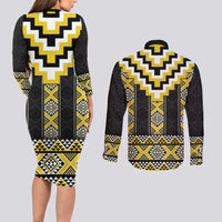 Yellow Taniko Aotearoa Couples Matching Long Sleeve Bodycon Dress and Long Sleeve Button Shirt Niho Taniwha Mix Poutama