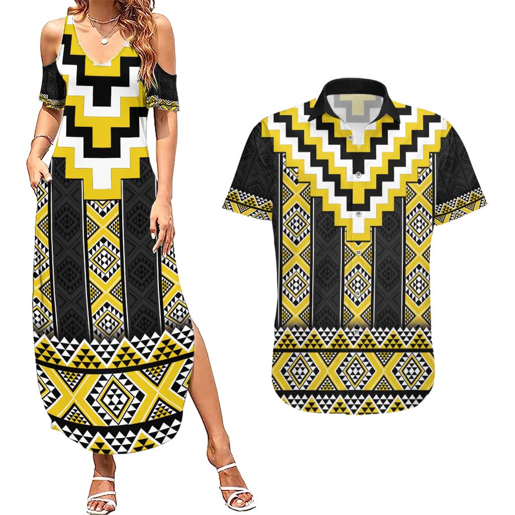 Yellow Taniko Aotearoa Couples Matching Summer Maxi Dress and Hawaiian Shirt Niho Taniwha Mix Poutama
