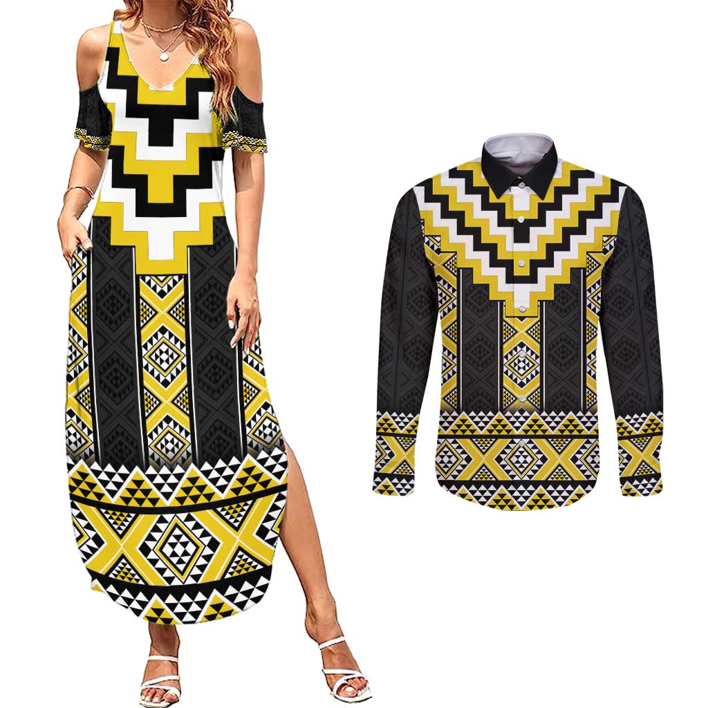 Yellow Taniko Aotearoa Couples Matching Summer Maxi Dress and Long Sleeve Button Shirt Niho Taniwha Mix Poutama LT14 Yellow - Polynesian Pride
