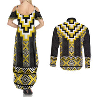 Yellow Taniko Aotearoa Couples Matching Summer Maxi Dress and Long Sleeve Button Shirt Niho Taniwha Mix Poutama LT14 - Polynesian Pride