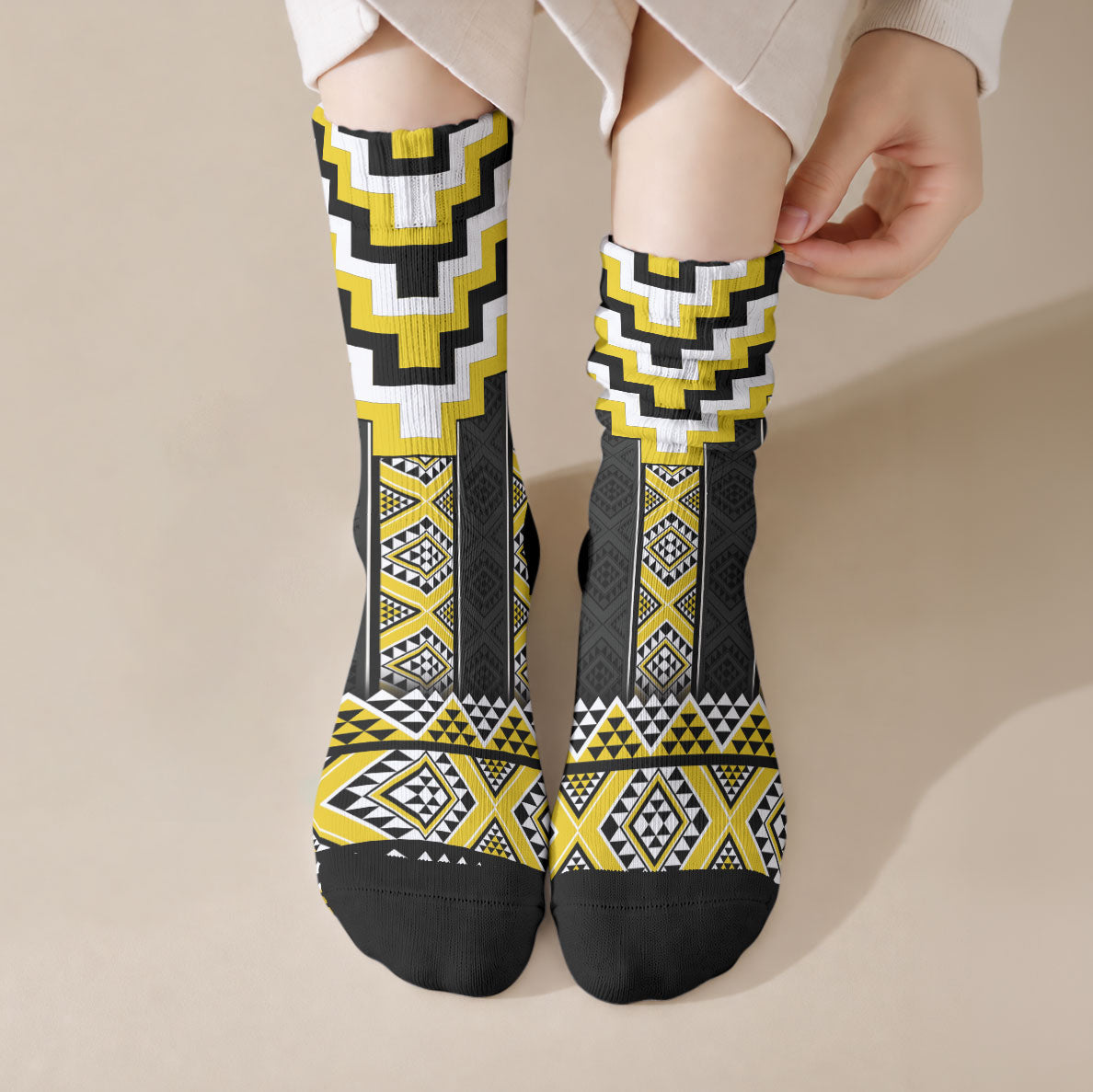 Yellow Taniko Aotearoa Crew Socks Niho Taniwha Mix Poutama