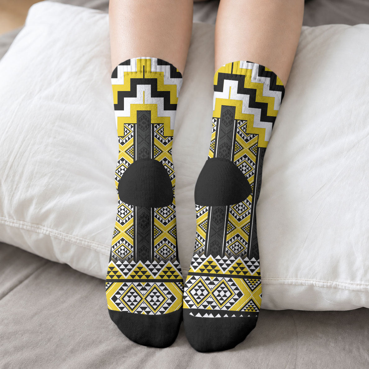 Yellow Taniko Aotearoa Crew Socks Niho Taniwha Mix Poutama LT14 - Polynesian Pride