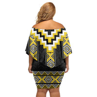 Yellow Taniko Aotearoa Family Matching Off Shoulder Short Dress and Hawaiian Shirt Niho Taniwha Mix Poutama
