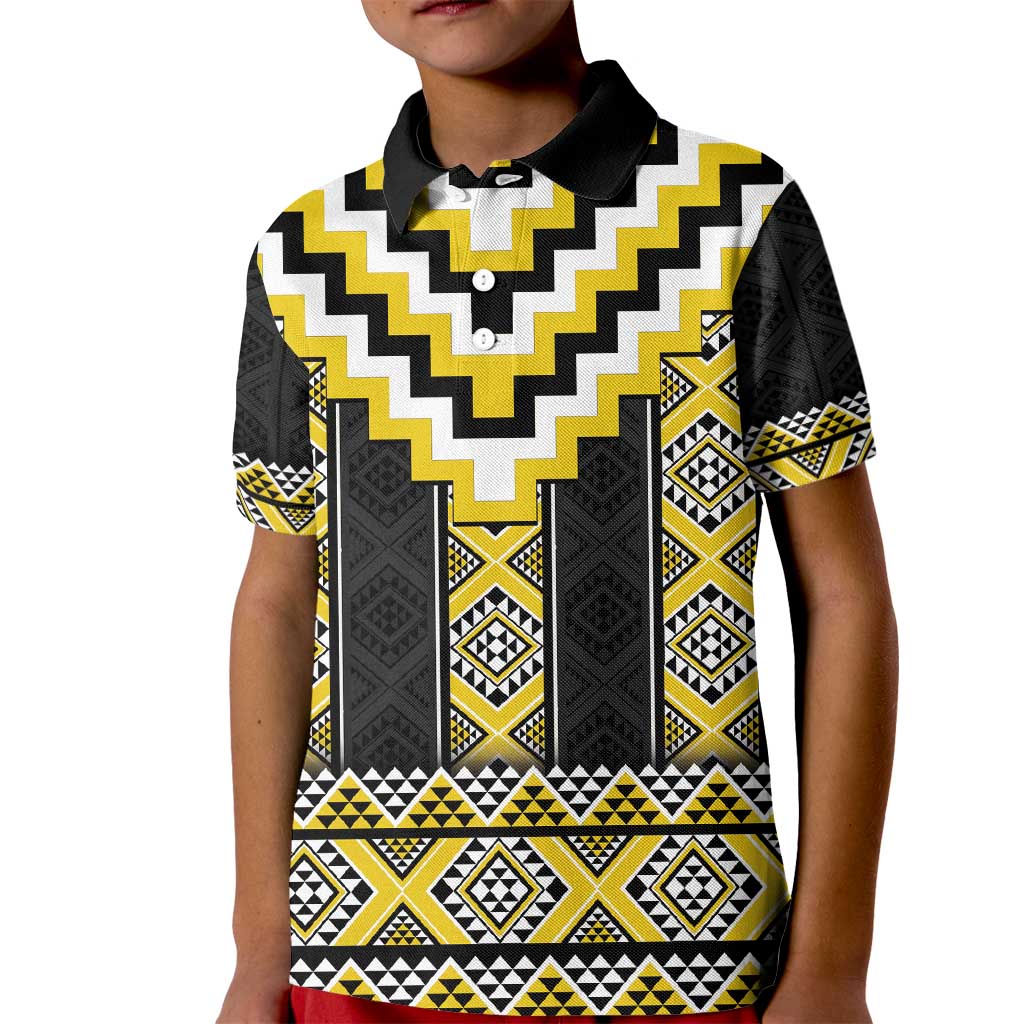 Yellow Taniko Aotearoa Kid Polo Shirt Niho Taniwha Mix Poutama LT14 Kid Yellow - Polynesian Pride