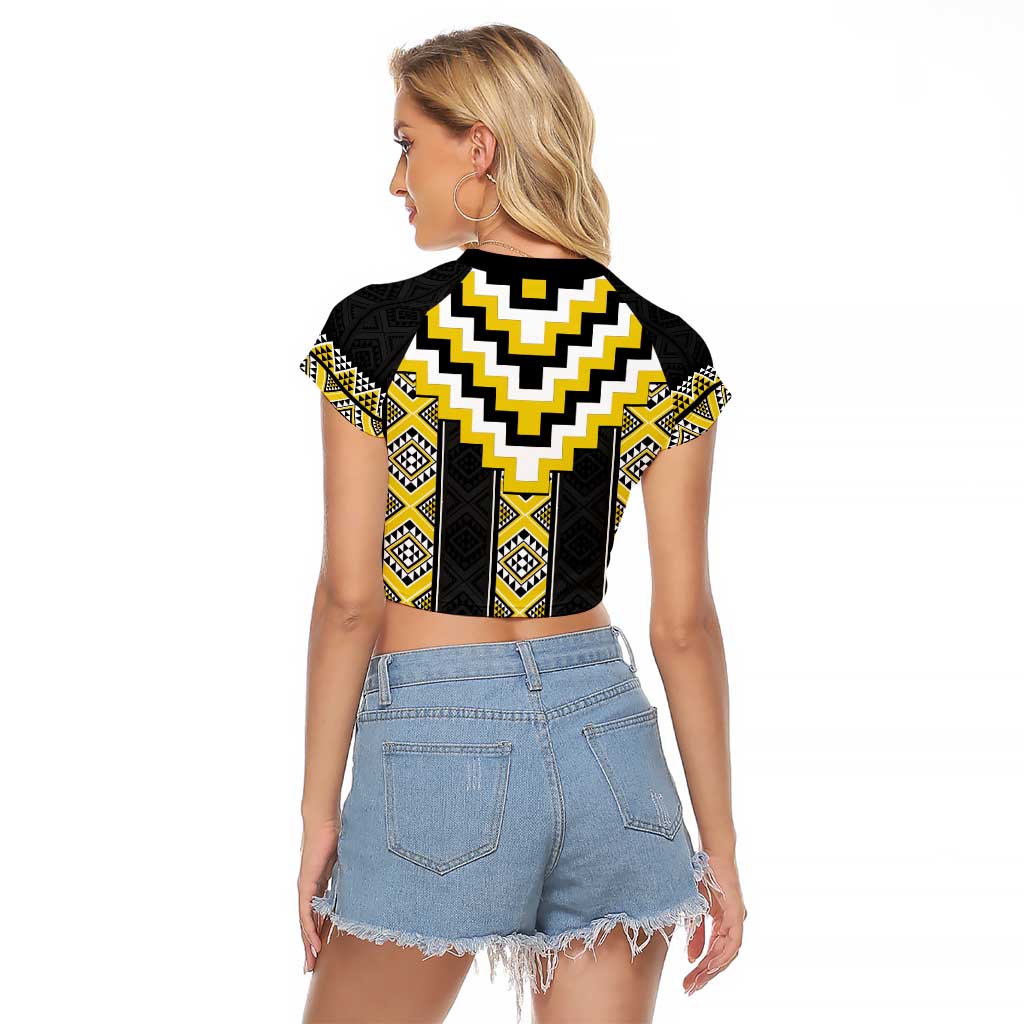 Yellow Taniko Aotearoa Raglan Cropped T Shirt Niho Taniwha Mix Poutama LT14 - Polynesian Pride