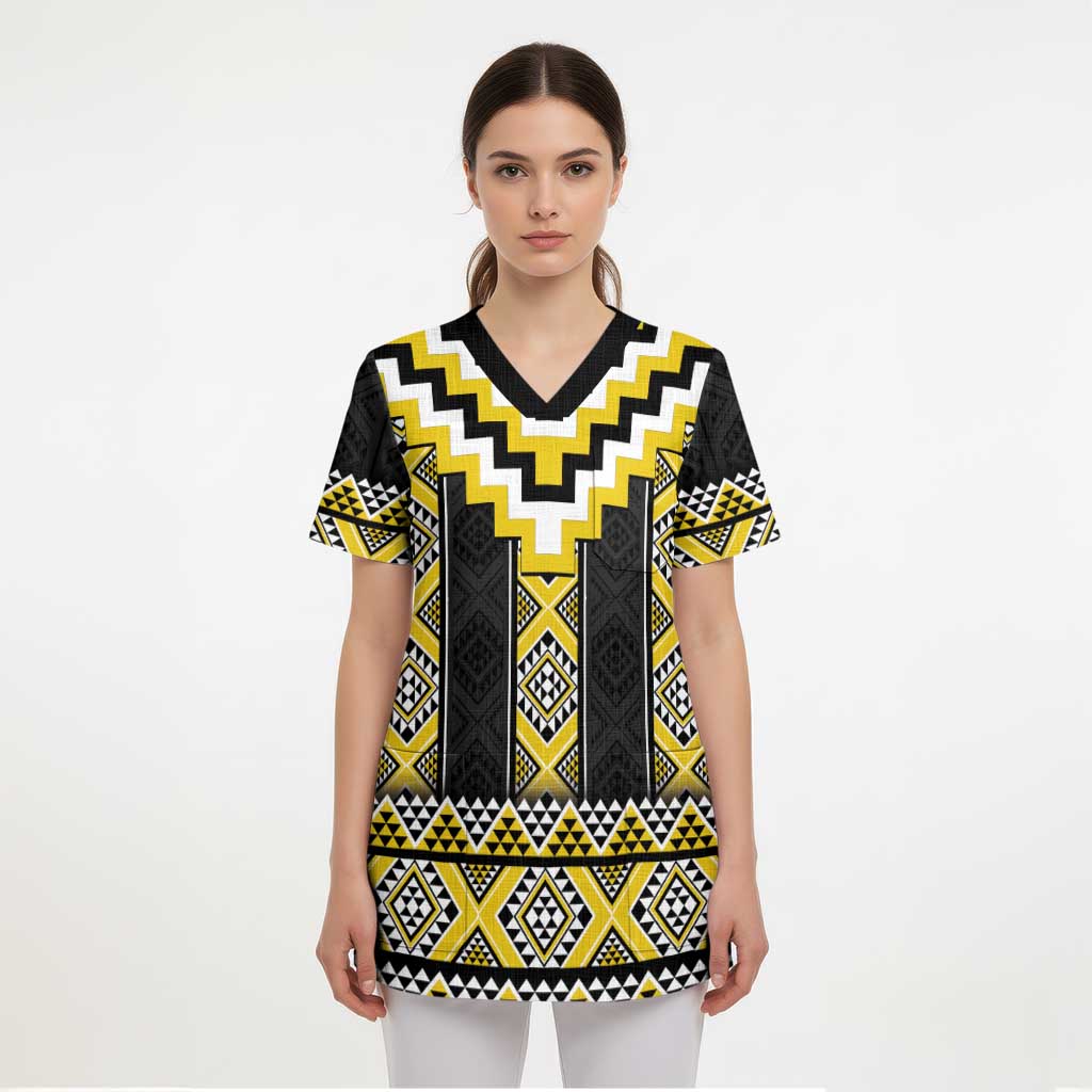 Yellow Taniko Aotearoa Scrub Top Niho Taniwha Mix Poutama - Polynesian Pride