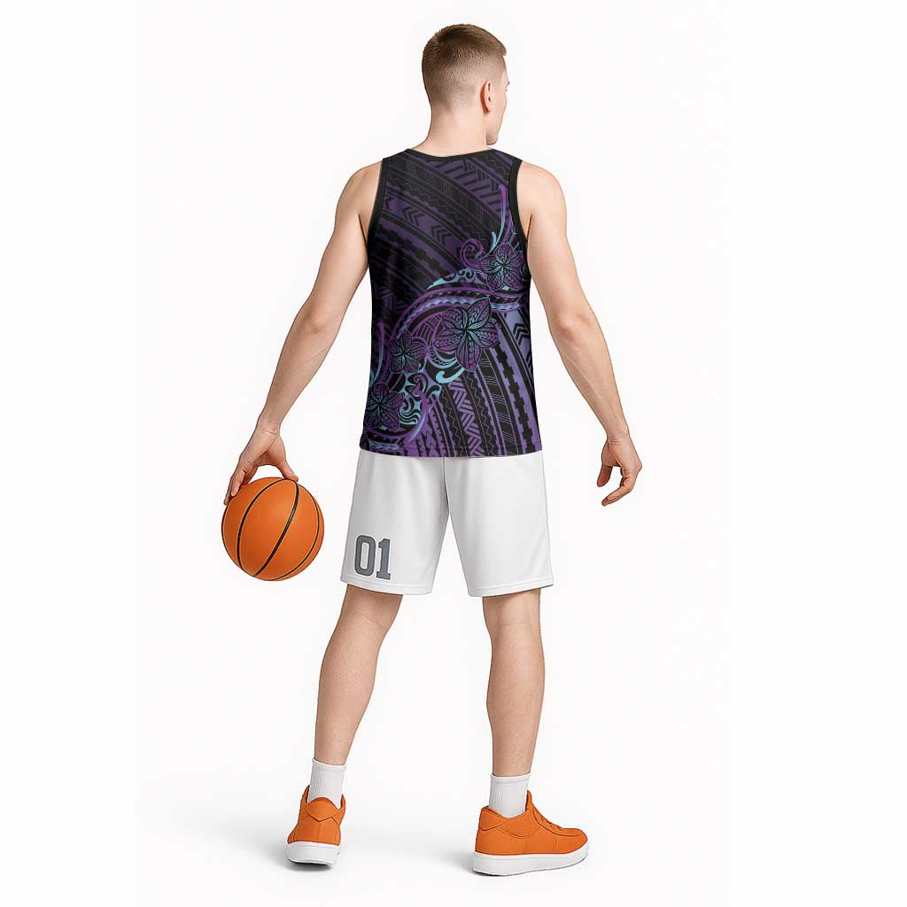 Teal Purple Polynesia Plumeria Tattoo Basketball Jersey