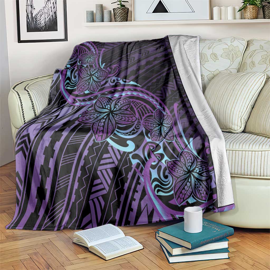 Teal Purple Polynesia Plumeria Tattoo Blanket