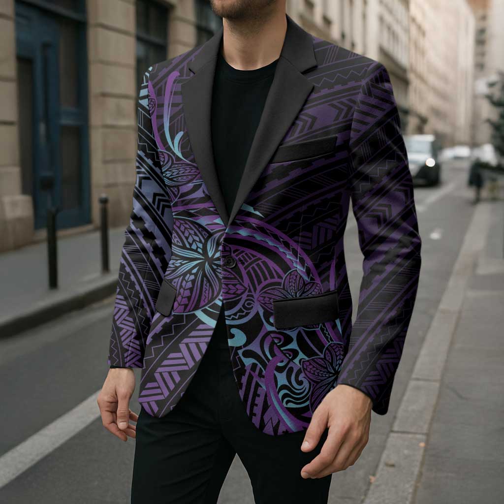 Teal Purple Polynesia Plumeria Tattoo Blazer