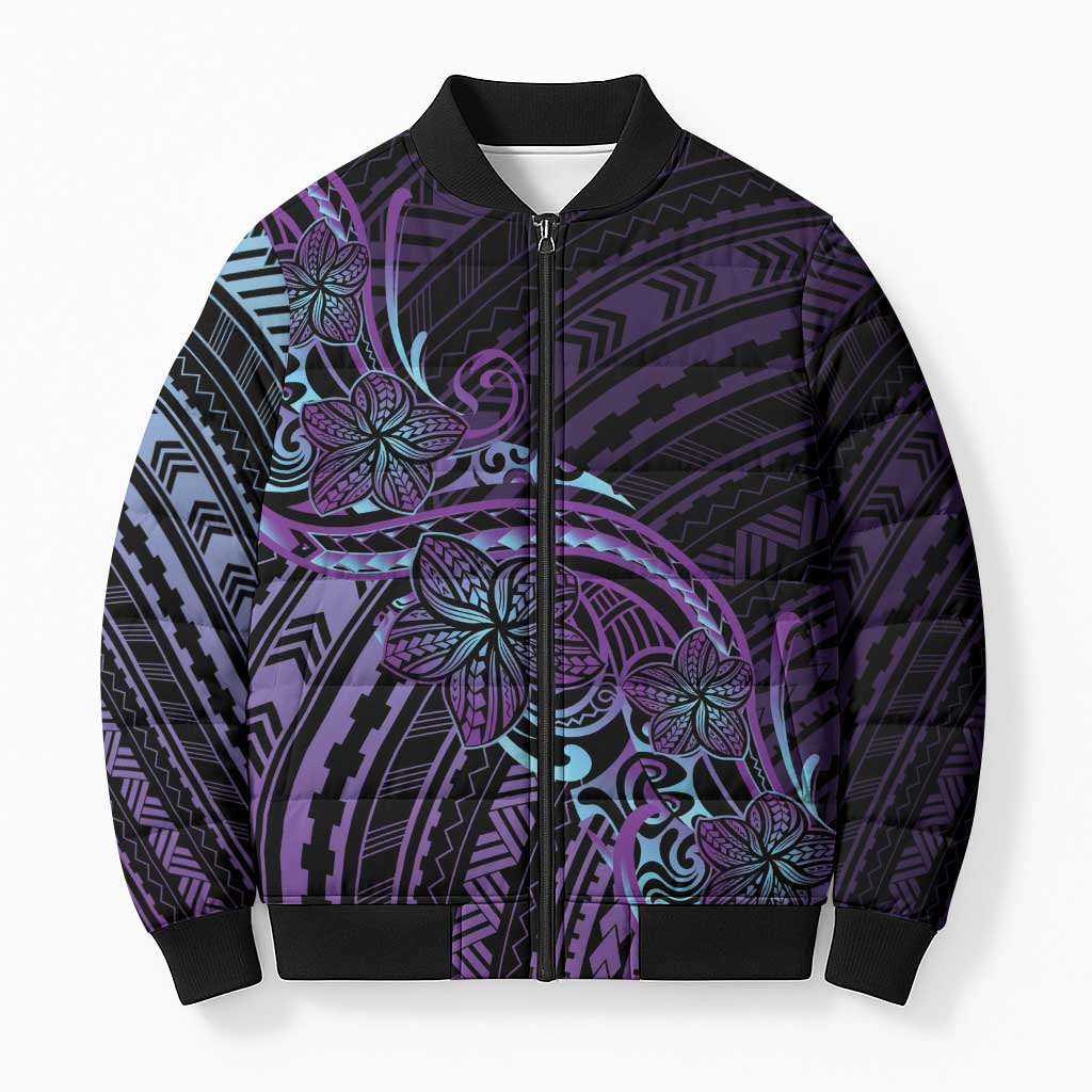 Teal Purple Polynesia Plumeria Tattoo Bomber Puffer Jacket