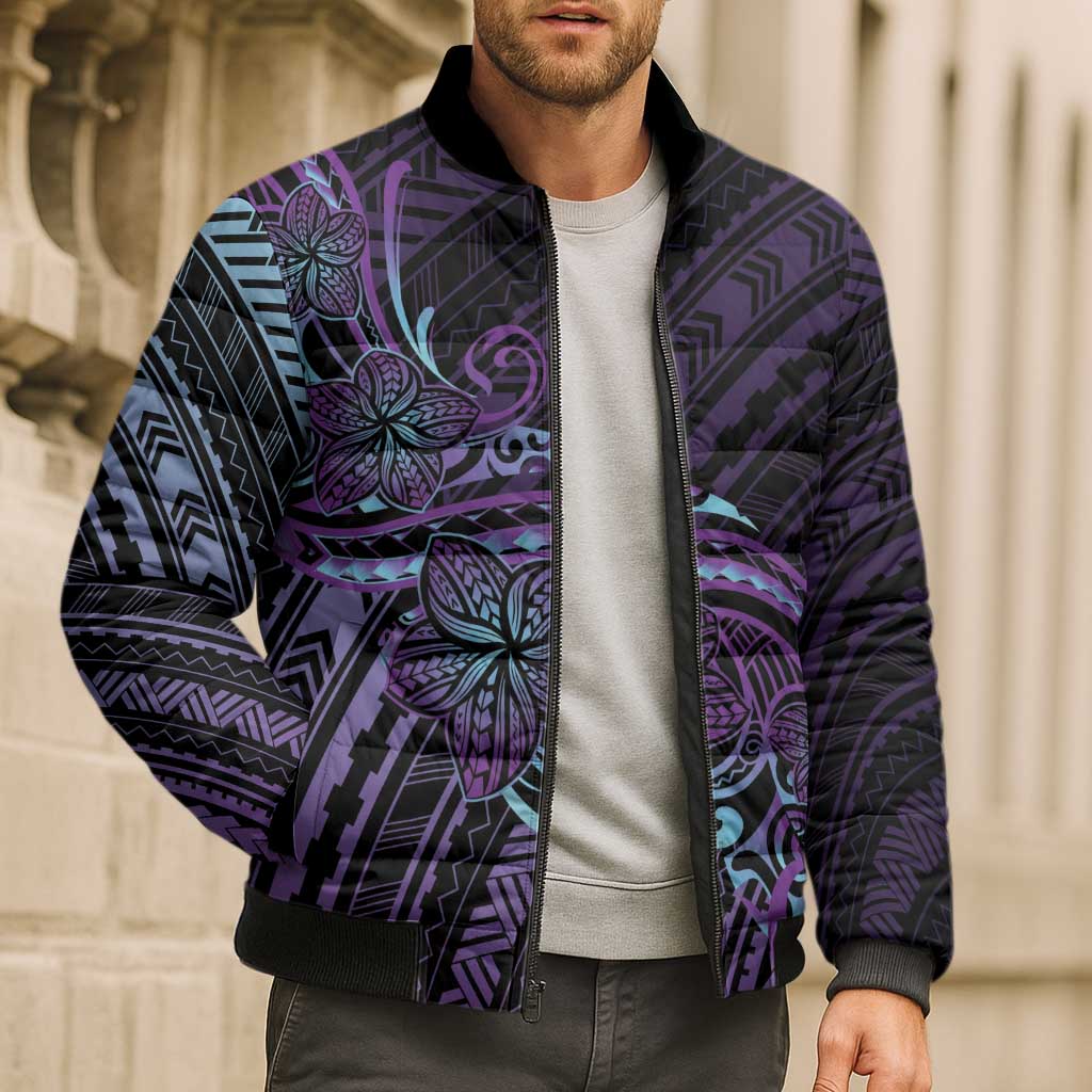 Teal Purple Polynesia Plumeria Tattoo Bomber Puffer Jacket