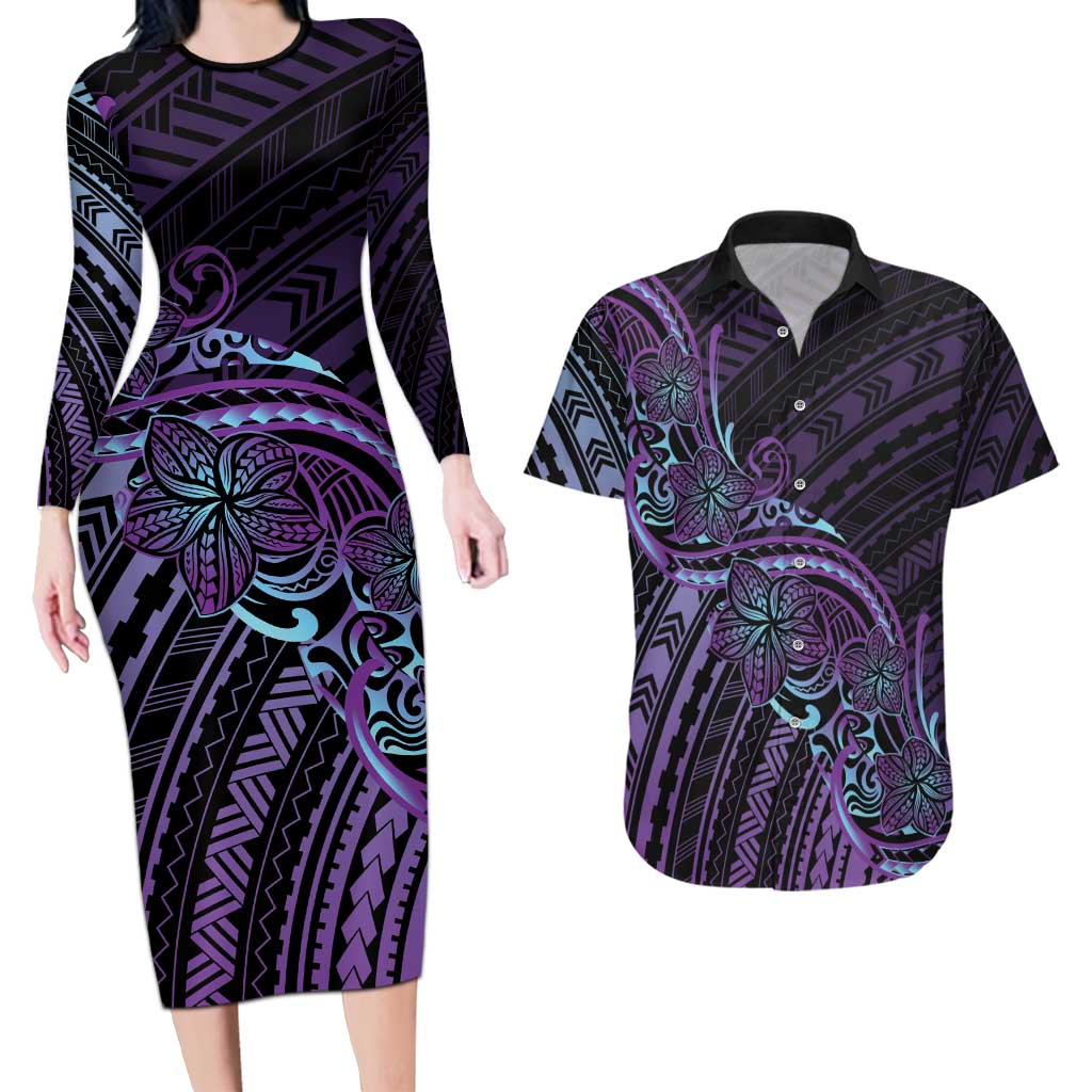 Teal Purple Polynesia Plumeria Tattoo Couples Matching Long Sleeve Bodycon Dress and Hawaiian Shirt