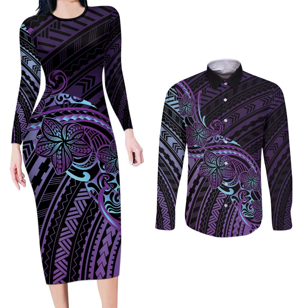Teal Purple Polynesia Plumeria Tattoo Couples Matching Long Sleeve Bodycon Dress and Long Sleeve Button Shirt