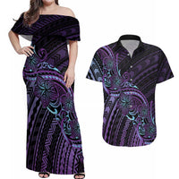 Teal Purple Polynesia Plumeria Tattoo Couples Matching Off Shoulder Maxi Dress and Hawaiian Shirt