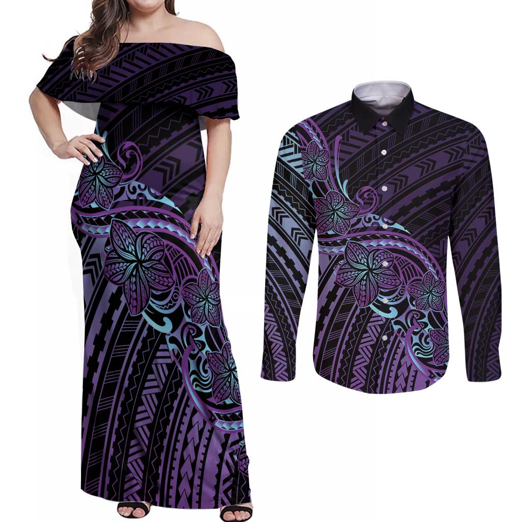 Teal Purple Polynesia Plumeria Tattoo Couples Matching Off Shoulder Maxi Dress and Long Sleeve Button Shirt LT14 Purple - Polynesian Pride