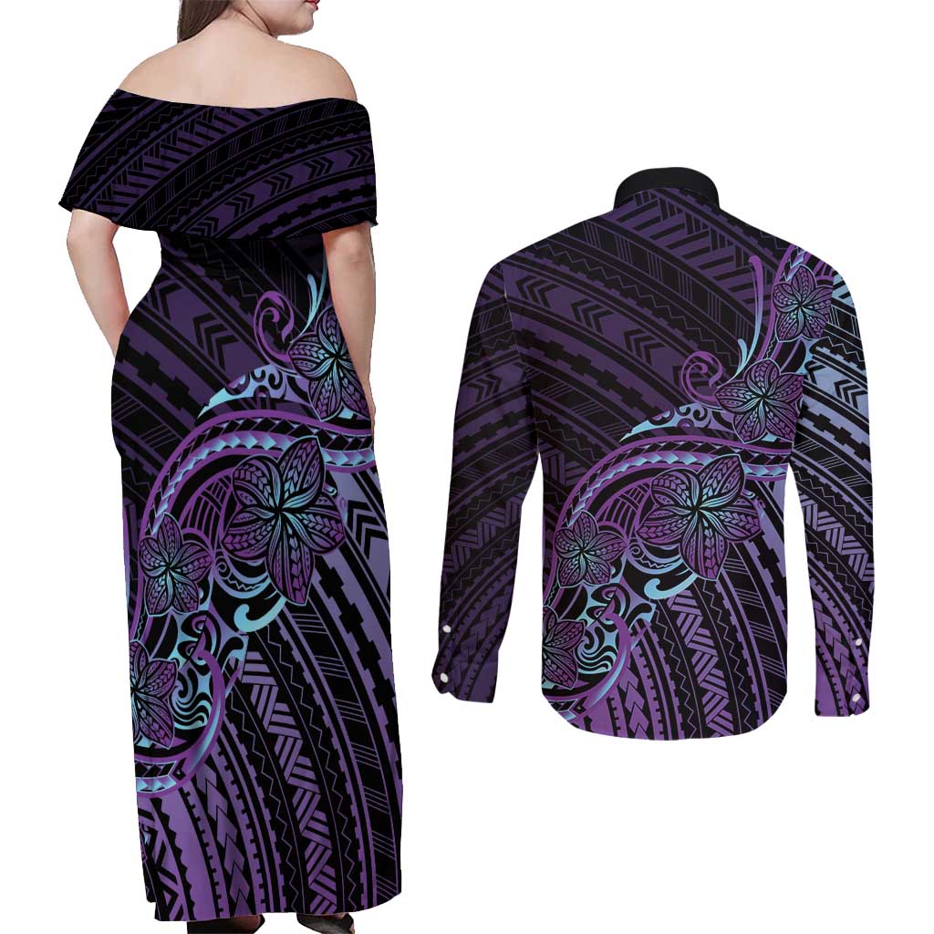 Teal Purple Polynesia Plumeria Tattoo Couples Matching Off Shoulder Maxi Dress and Long Sleeve Button Shirt LT14 - Polynesian Pride