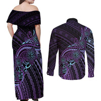Teal Purple Polynesia Plumeria Tattoo Couples Matching Off Shoulder Maxi Dress and Long Sleeve Button Shirt LT14 - Polynesian Pride