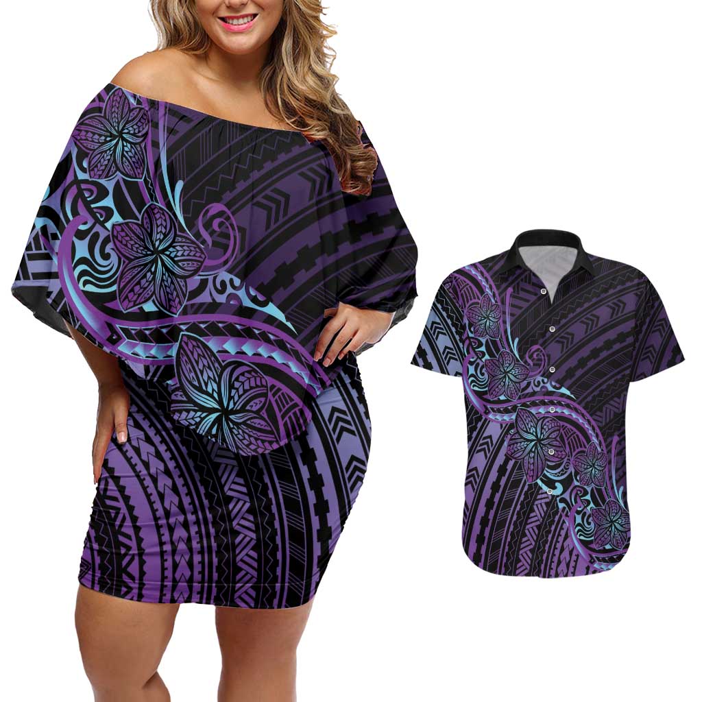 Teal Purple Polynesia Plumeria Tattoo Couples Matching Off Shoulder Short Dress and Hawaiian Shirt