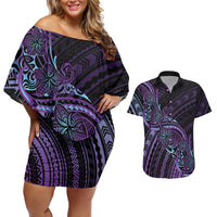 Teal Purple Polynesia Plumeria Tattoo Couples Matching Off Shoulder Short Dress and Hawaiian Shirt