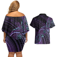 Teal Purple Polynesia Plumeria Tattoo Couples Matching Off Shoulder Short Dress and Hawaiian Shirt