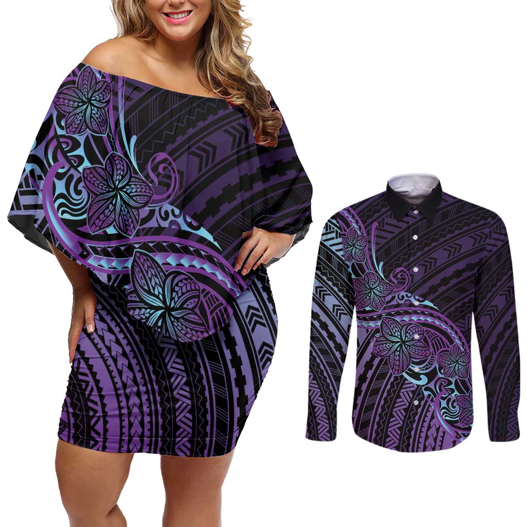 Teal Purple Polynesia Plumeria Tattoo Couples Matching Off Shoulder Short Dress and Long Sleeve Button Shirt