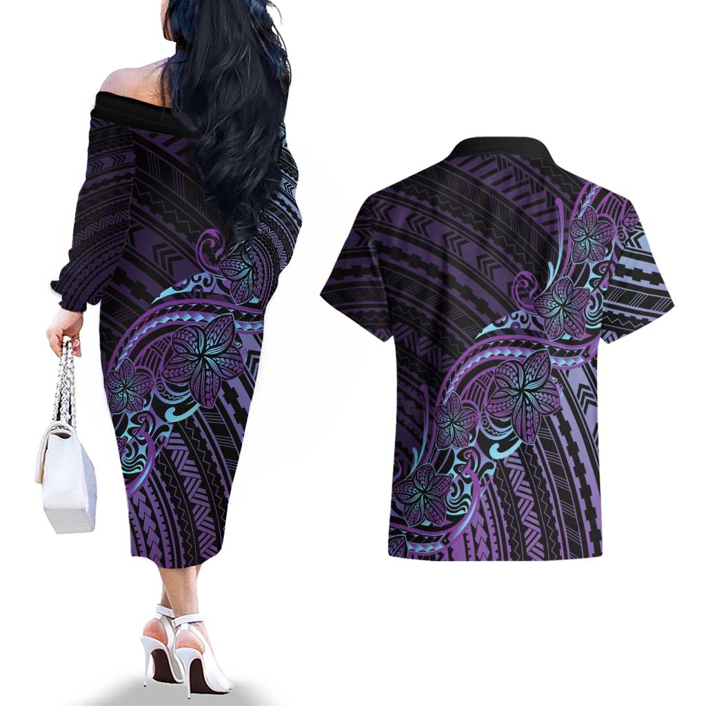 Teal Purple Polynesia Plumeria Tattoo Couples Matching Off The Shoulder Long Sleeve Dress and Hawaiian Shirt