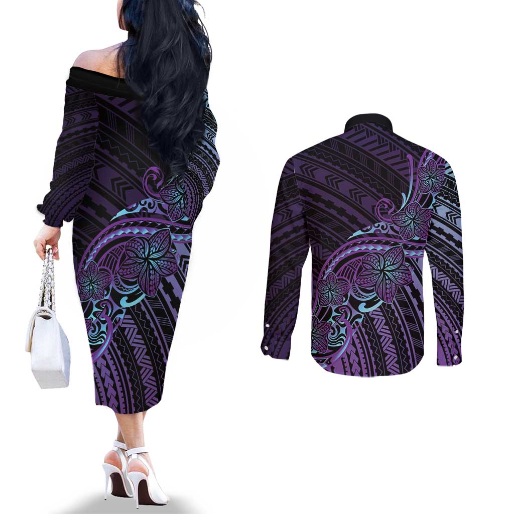 Teal Purple Polynesia Plumeria Tattoo Couples Matching Off The Shoulder Long Sleeve Dress and Long Sleeve Button Shirt
